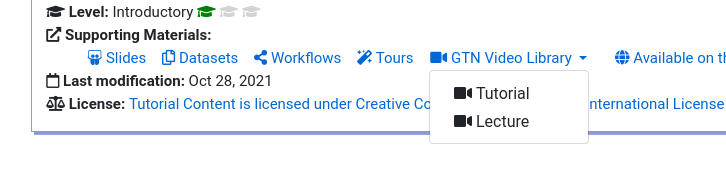 screenshot showing the GTN Video library dropdown in the overview box of a tutorial. 