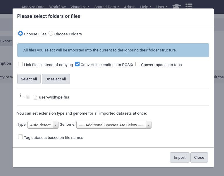 Import popup with a list of files with one file, user-wildtype.fna, and buttons for configuring import behaviour.