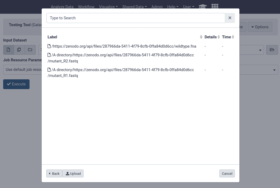 Same popup as previous image, but the file listing now shows the contents of the data library we created during the hands-on step with Mouse data. 