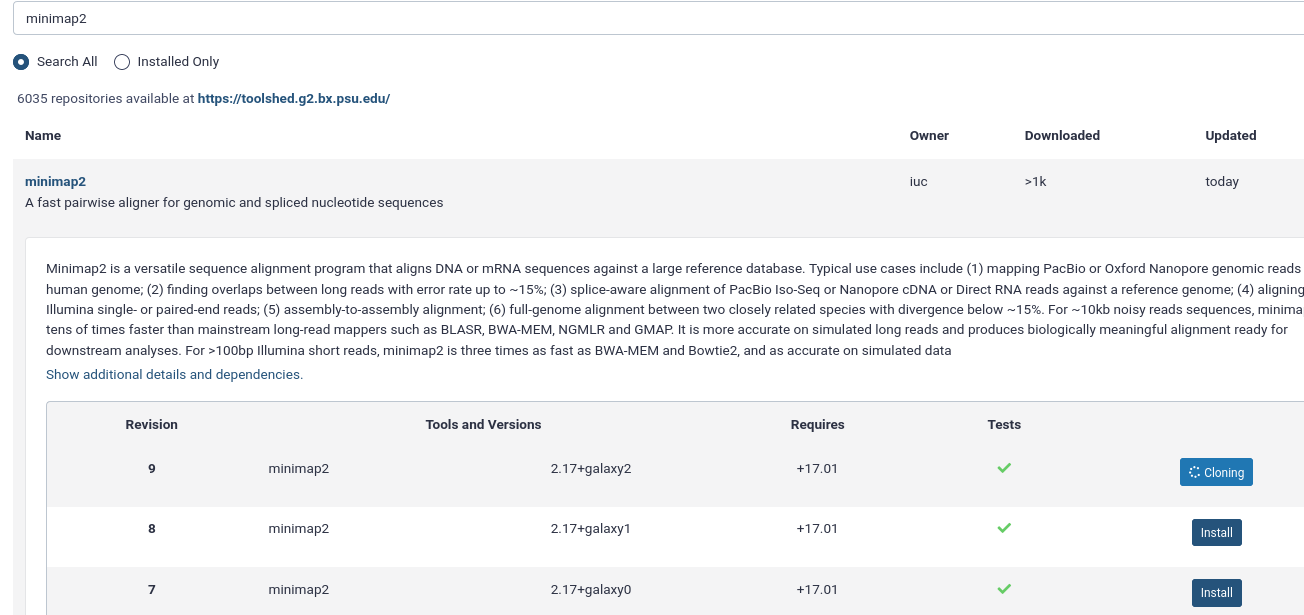 Screenshot of the install interface, minimap2 is entered in the search box and the latest revision shows it is currently cloning. 