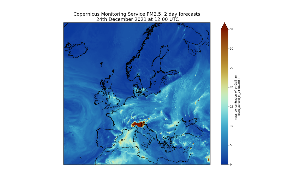 Customized plot for CAMS PM2.5 December, 24th 2021 at 12:00 UTC. 