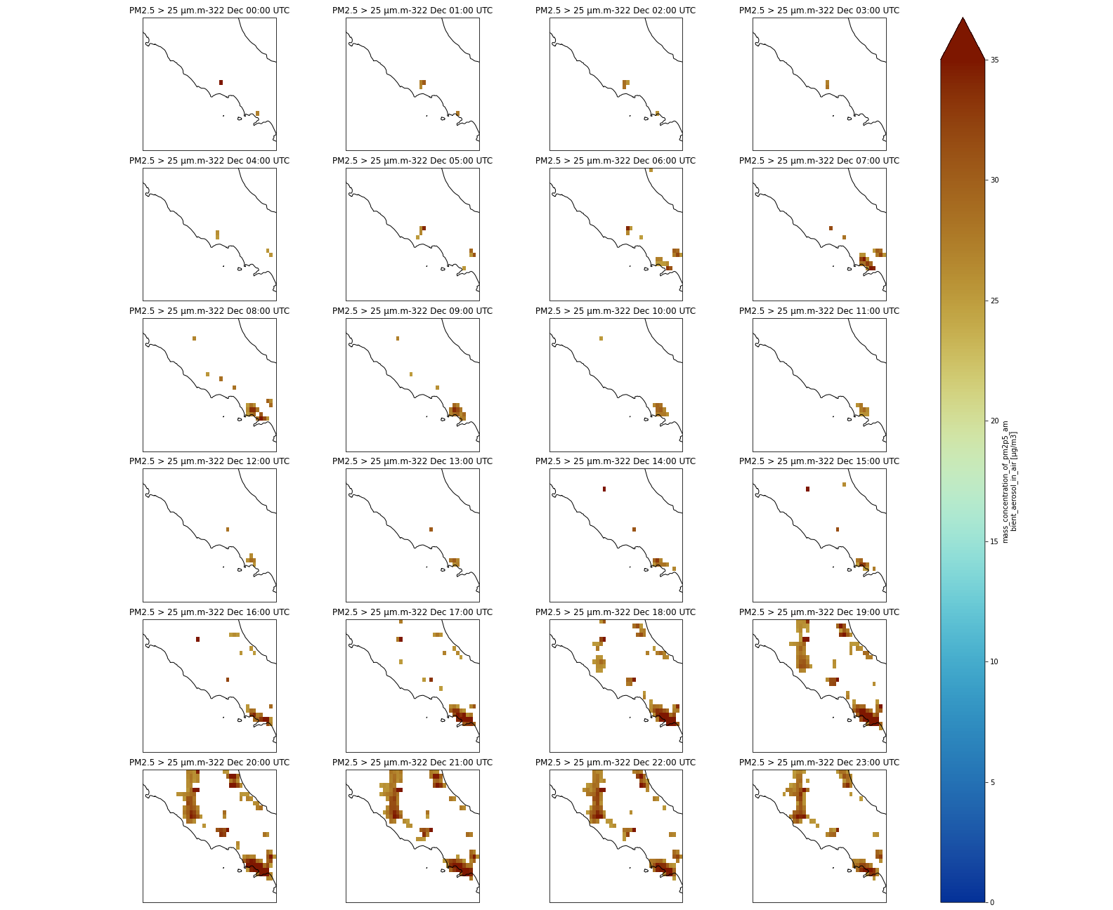 Multi-plot of PM2.5 over Italy with threshold at 25. 