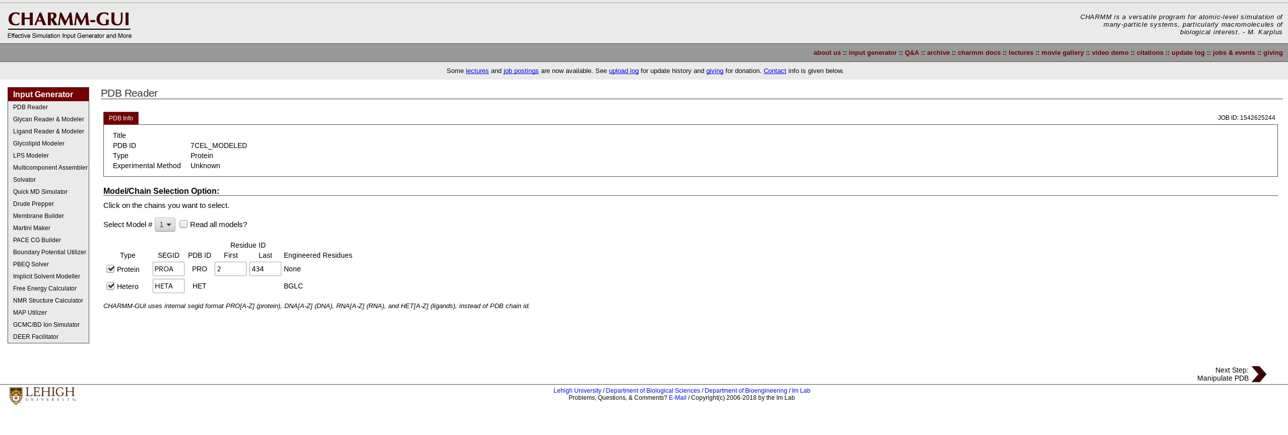 Snapshot of CHARMM-GUI model section. 