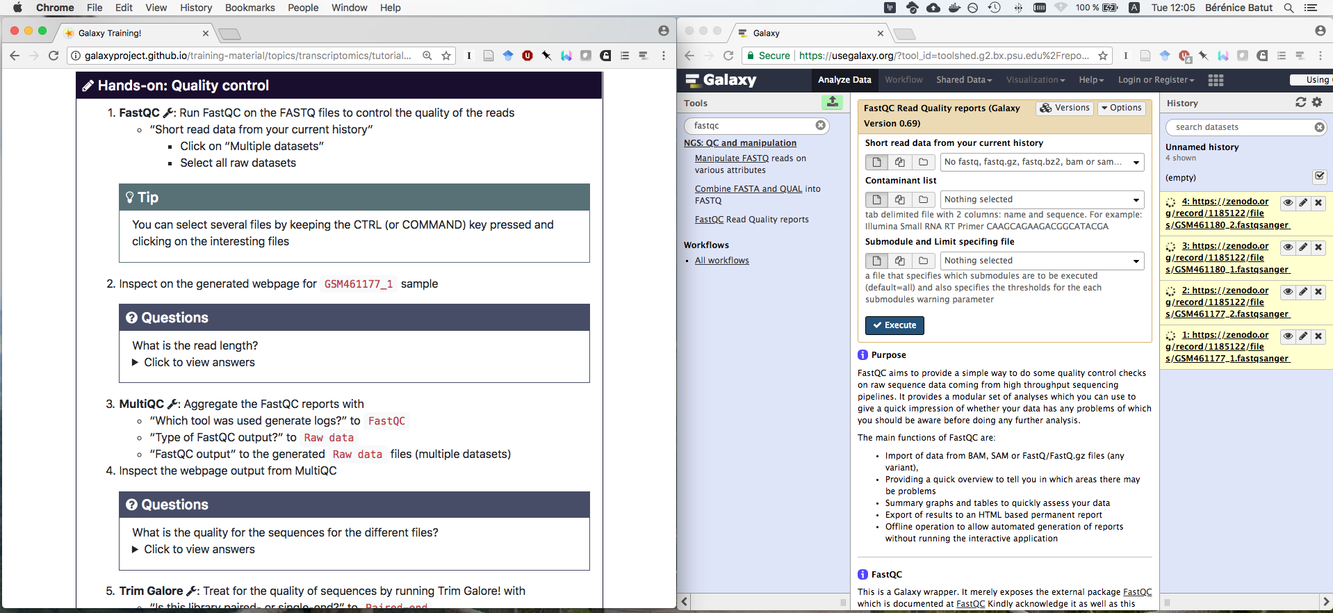 Screenshot with 2 web-browsers open side-by-side: one pointed at the current tutorial and the other at a Galaxy instance