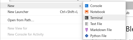 screenshot of jupyterlab showing the File menu expanded to show new and terminal option.