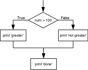 A flow chart diagram is shown with a decision box of number > 100. For true it branches to print 'greater'. For false it branches to print 'not greater'. Both branches re-connect to print done.