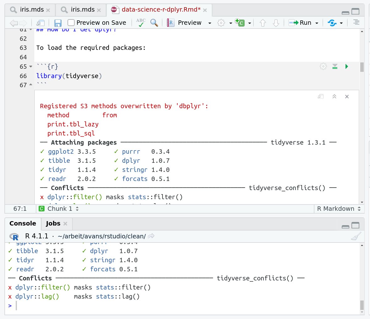 Screenshot of a run cell, its output is included below in the RMarkdown document and the same output is visible below in the console. It shows a log of loading the tidyverse library.