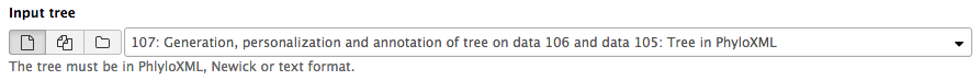 Screenshot of the file selection input in Galaxy permitting selection of a single file, multiple files, or a collection. In bold text a label appears above the component describing its use. Below the component in light grey is a help message. This applies to every input in Galaxy