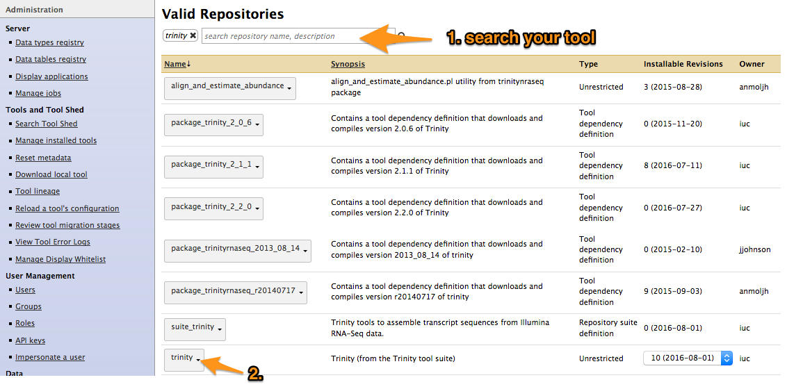 toolshed search interface with arrows to the search box and one of the results, trinity