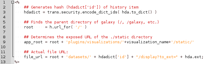 A mako template with a python codeblock section highlighting hdadict, root, app_root, file_url