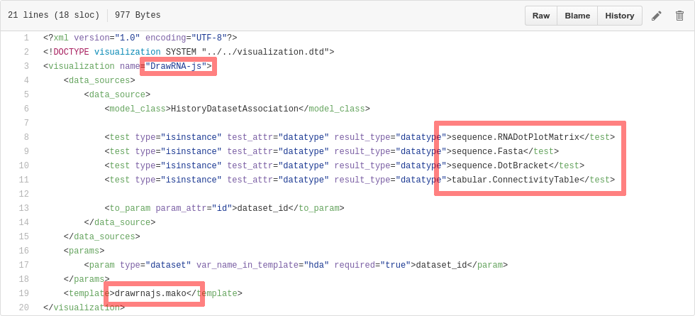 Screenshot of code with boxes highlighting Draw RNA.js and the datatypes that it can accept. A template drawrnajs.mako is also highlighted