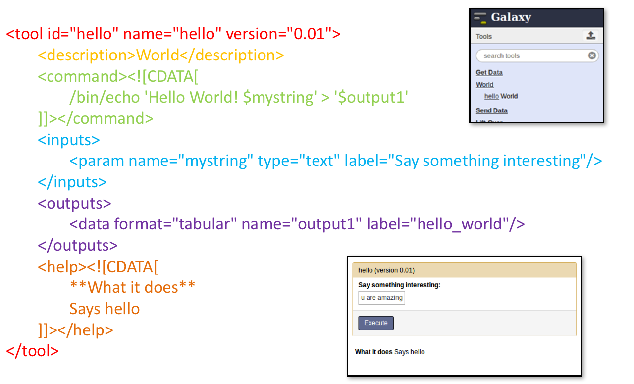 An XML file as an image. The tool id is on the first line, then a description element, a command block running "echo Hello World $mystring to $output", an inputs section with a mystring text input, and an output1 tabular data file. A help block is shown last.