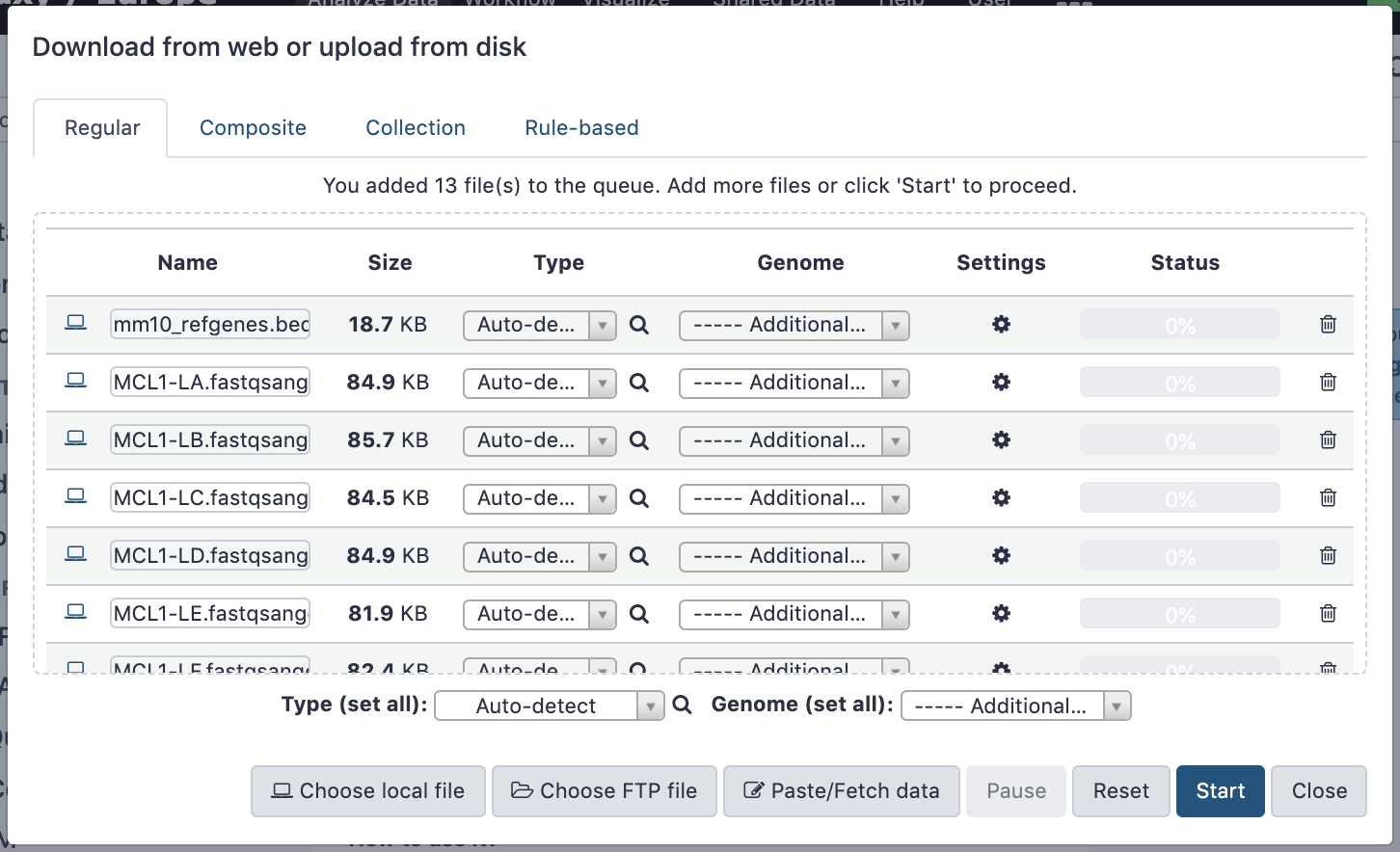 upload dialog from galaxy with a number of files queued.