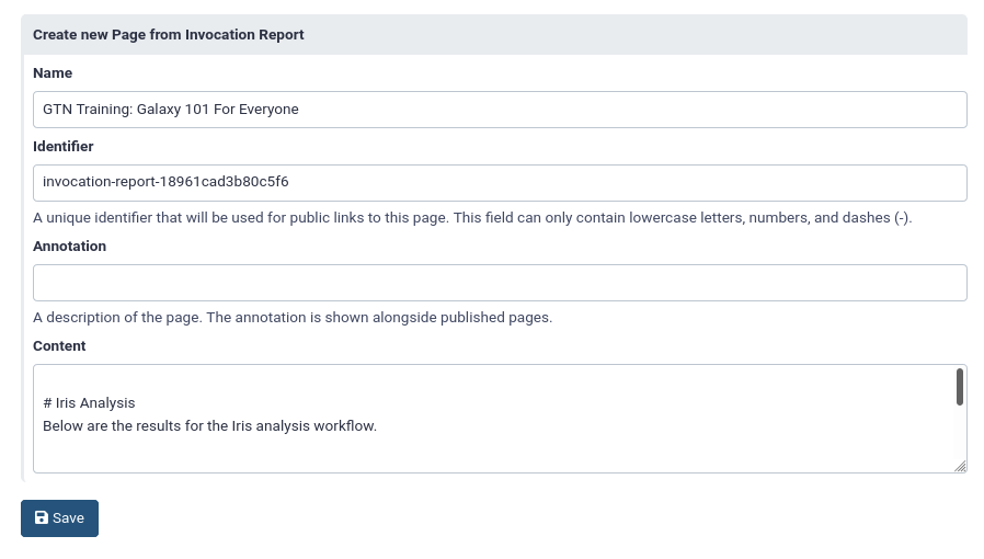 galaxy interface for creating a Galaxy page from a workflow report. 