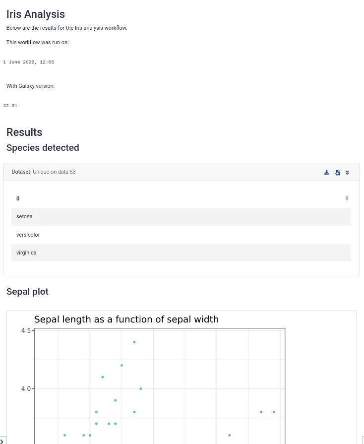 screenshot of the final workflow report, with text, 2 plots, and the table of detected species. 