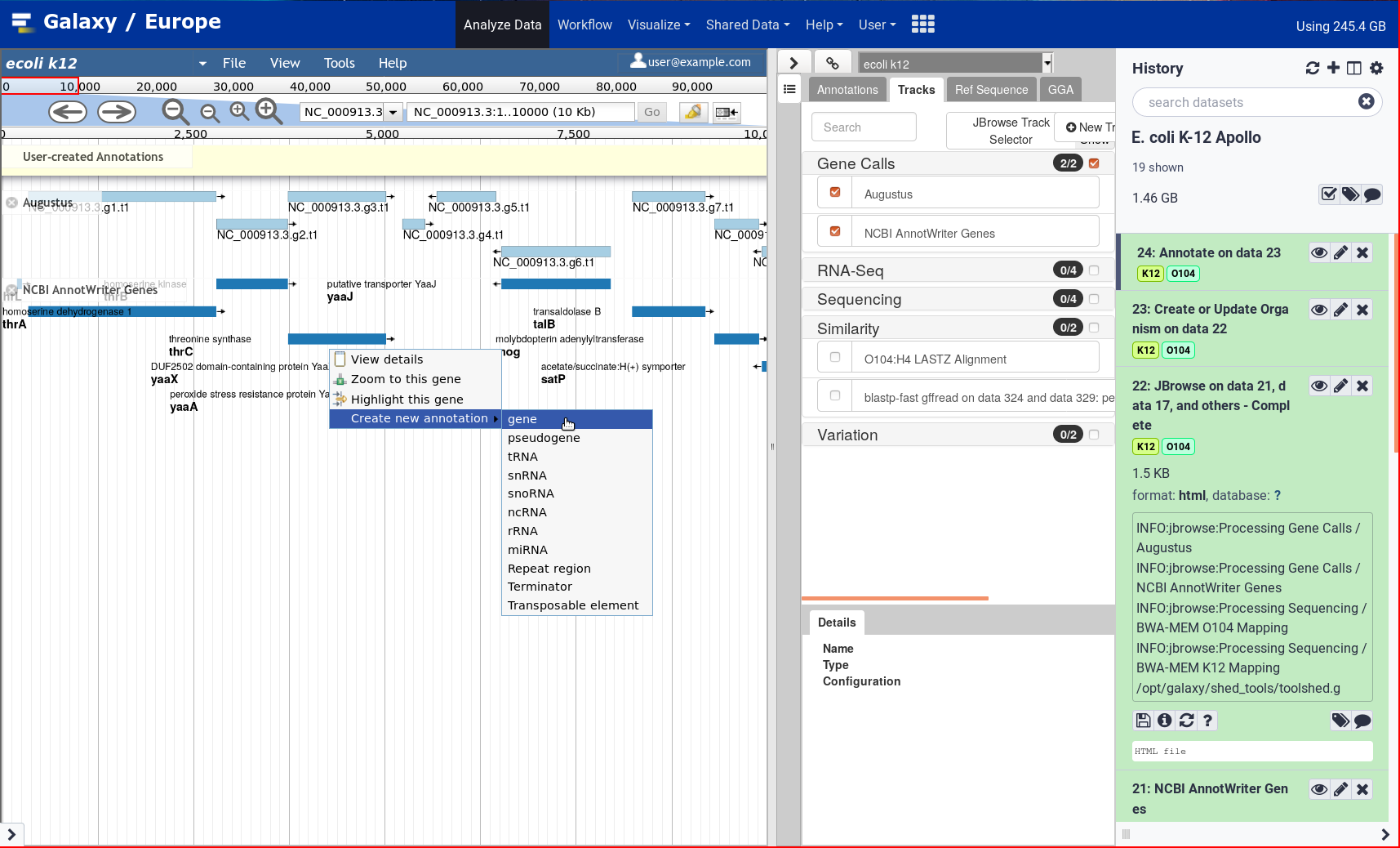 Screenshot of Apollo embedded within the Galaxy Europe interface, Apollo shows a couple of gene tracks.