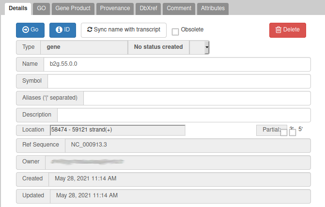 Gene details menu in apollo showing type set to gene, the name field has been filled with b2g.55.0.0 and a number of other empty fields like symbol, aliases, description.