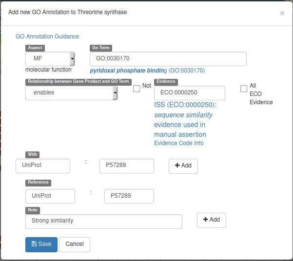 Adding a GO term with a complex and confusing interface. Aspect is set to MF, all of the parameters are described in the following paragraph.