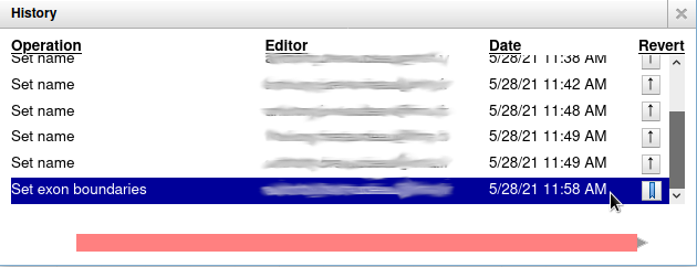 History of changes on a gene showing many changes to Set Name and a final Set Exon Boundaries change. 