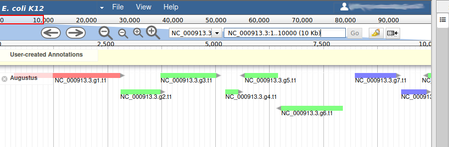 Screenshot of Jbrowse header with the control panel with magnifying glasses and zoom location.