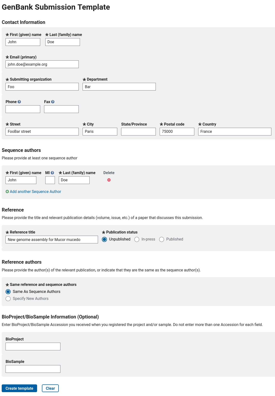 NCBI submission template. 