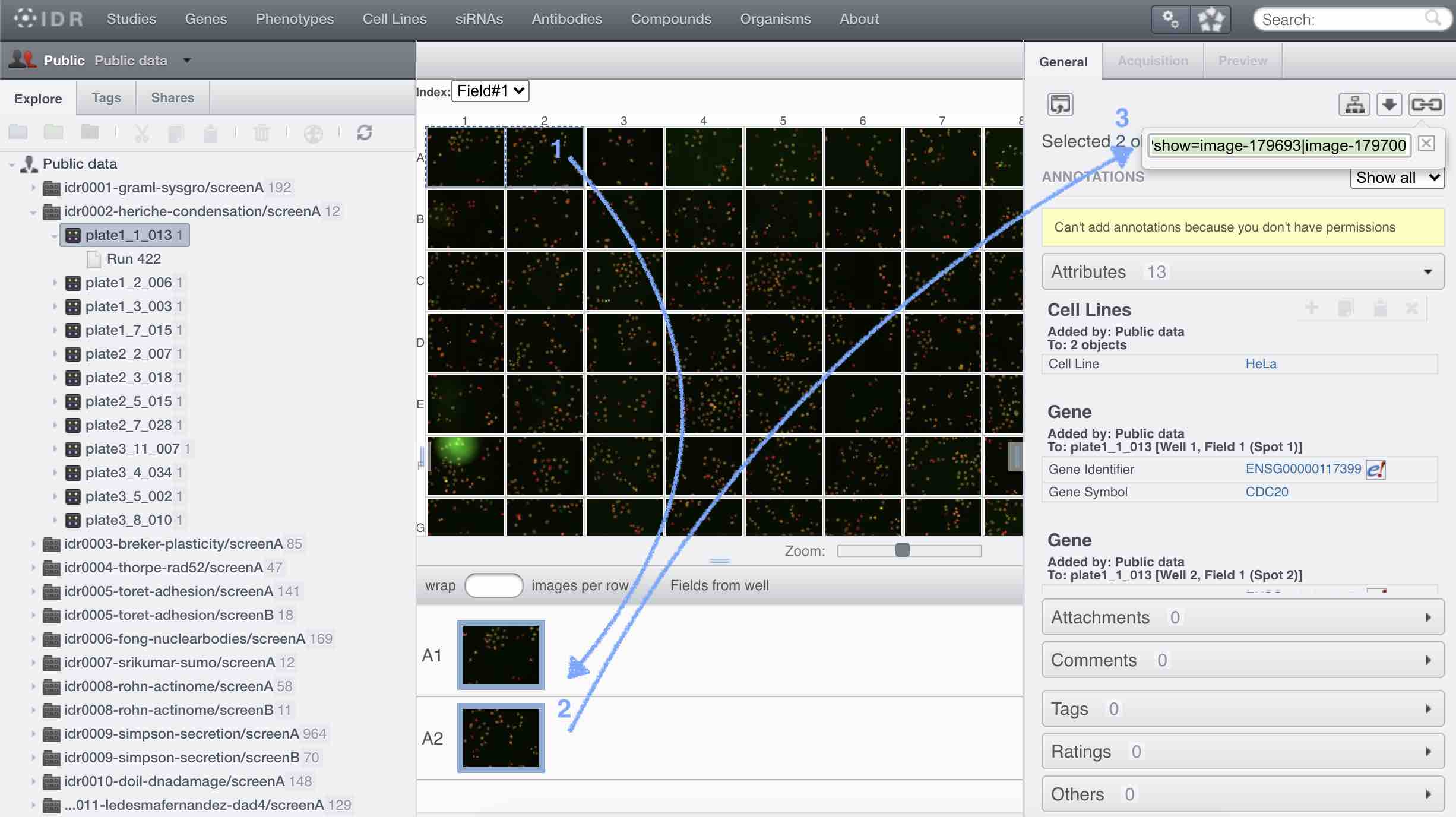 screenshot of a complex tool interface showing an array of images (1) and then two selected images below it (2) and a configuration panel on the right (3)