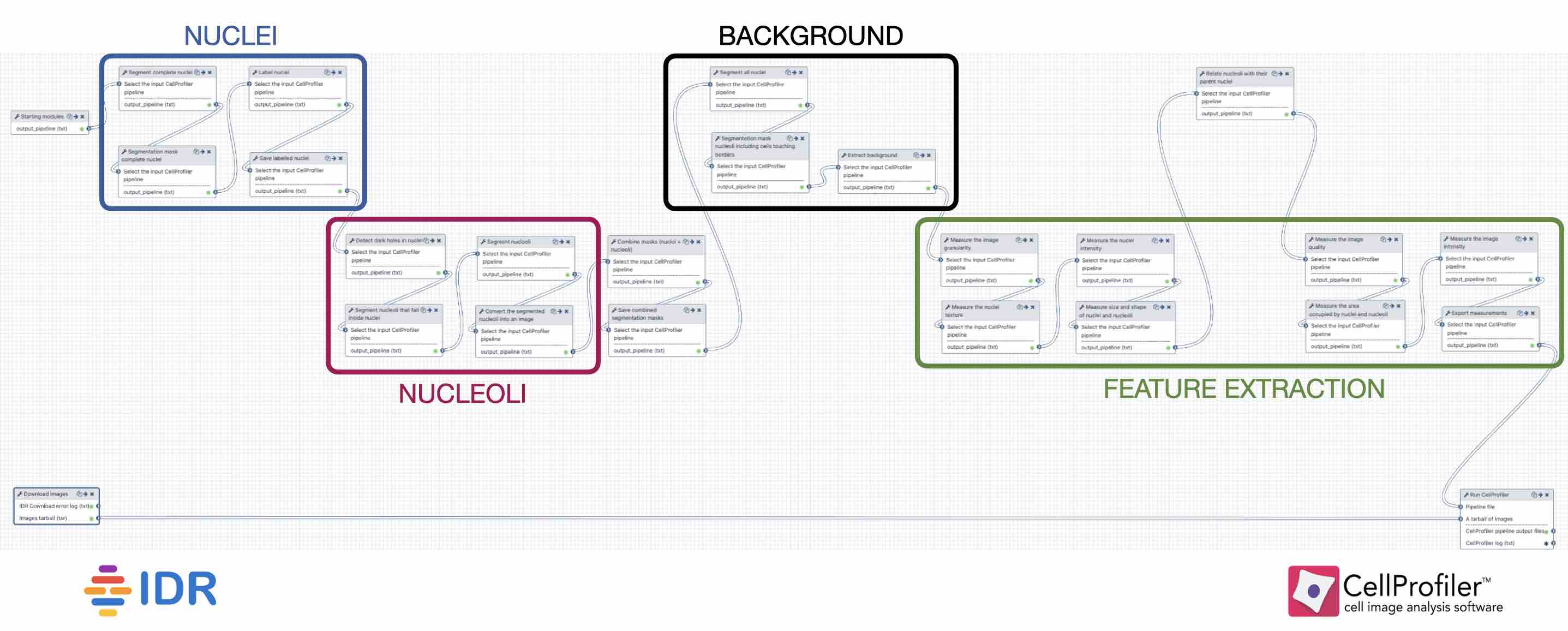 screenshot of a galaxy workflow with four sections highlighted by boxes reading nuclei, nucleoli, background, and feature extraction.