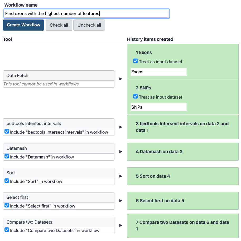 Selection of steps for `Extract Workflow` from history. 