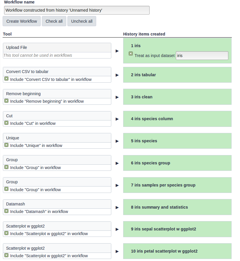 Selection of steps for `Extract Workflow` from history. 