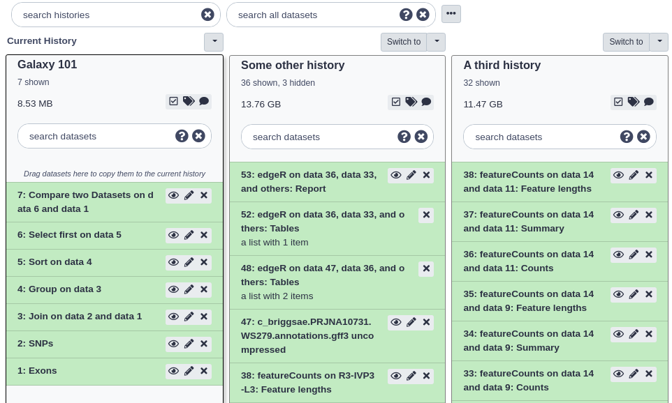 Overview of histories with their datasets. 