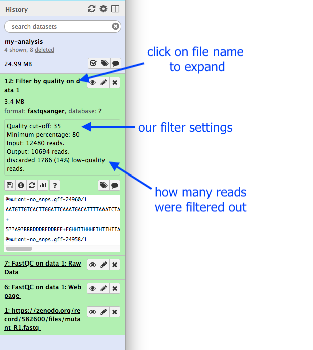 filter1 with 3 arrows click on filename to expand, click filter settings and how many reads were filtered out. 