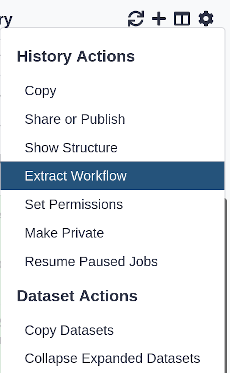 `Extract Workflow` entry in the history options menu. 