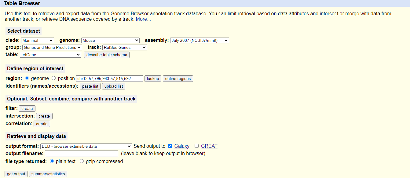 UCSC table browser interface. 