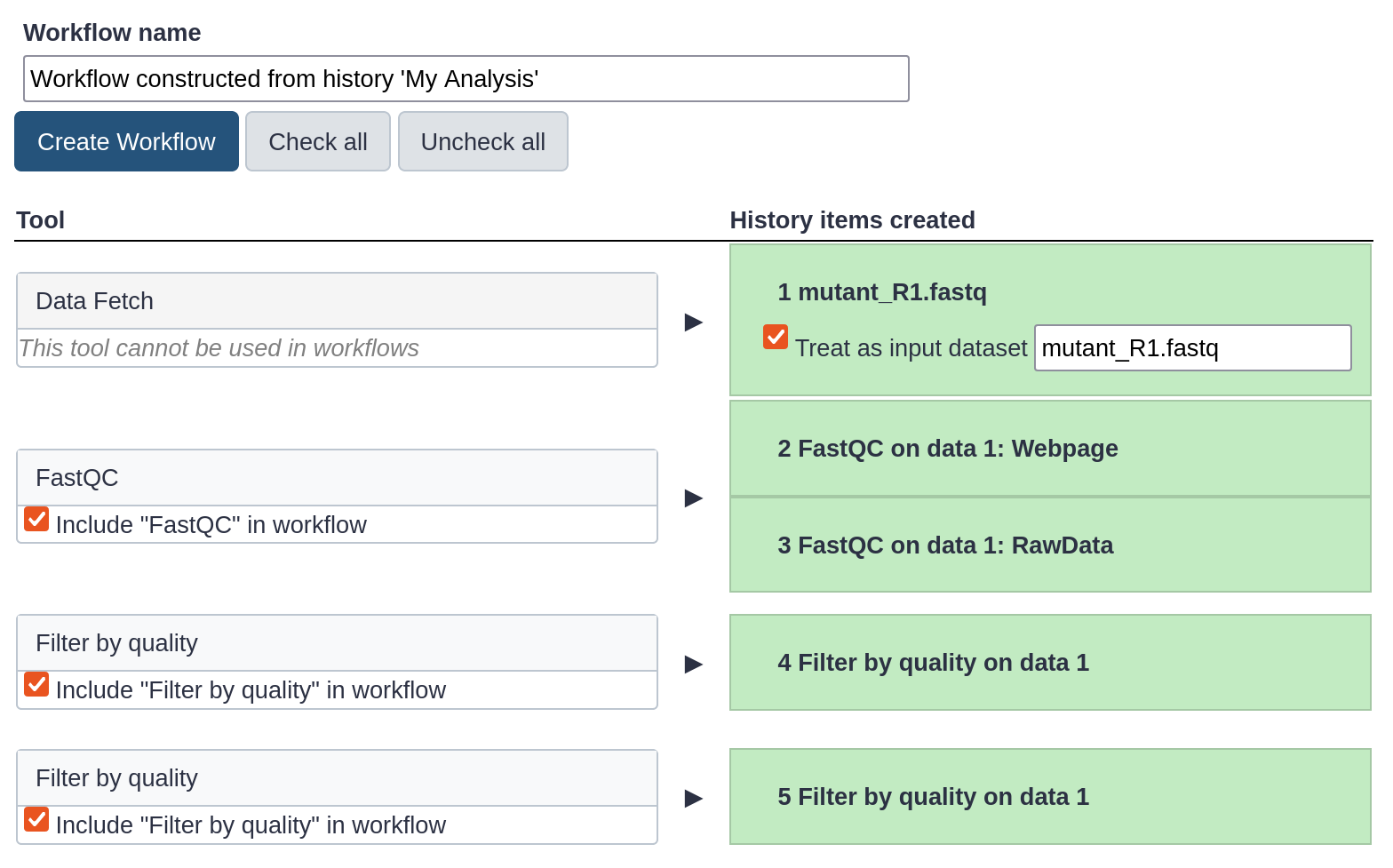 Selection of steps for `Extract Workflow` from history. 