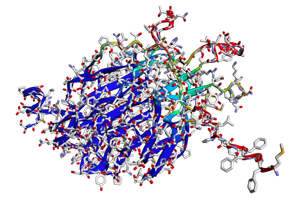 "3D structure of a protein sequence of length 300 with side-chains predicted by ColabFold". 