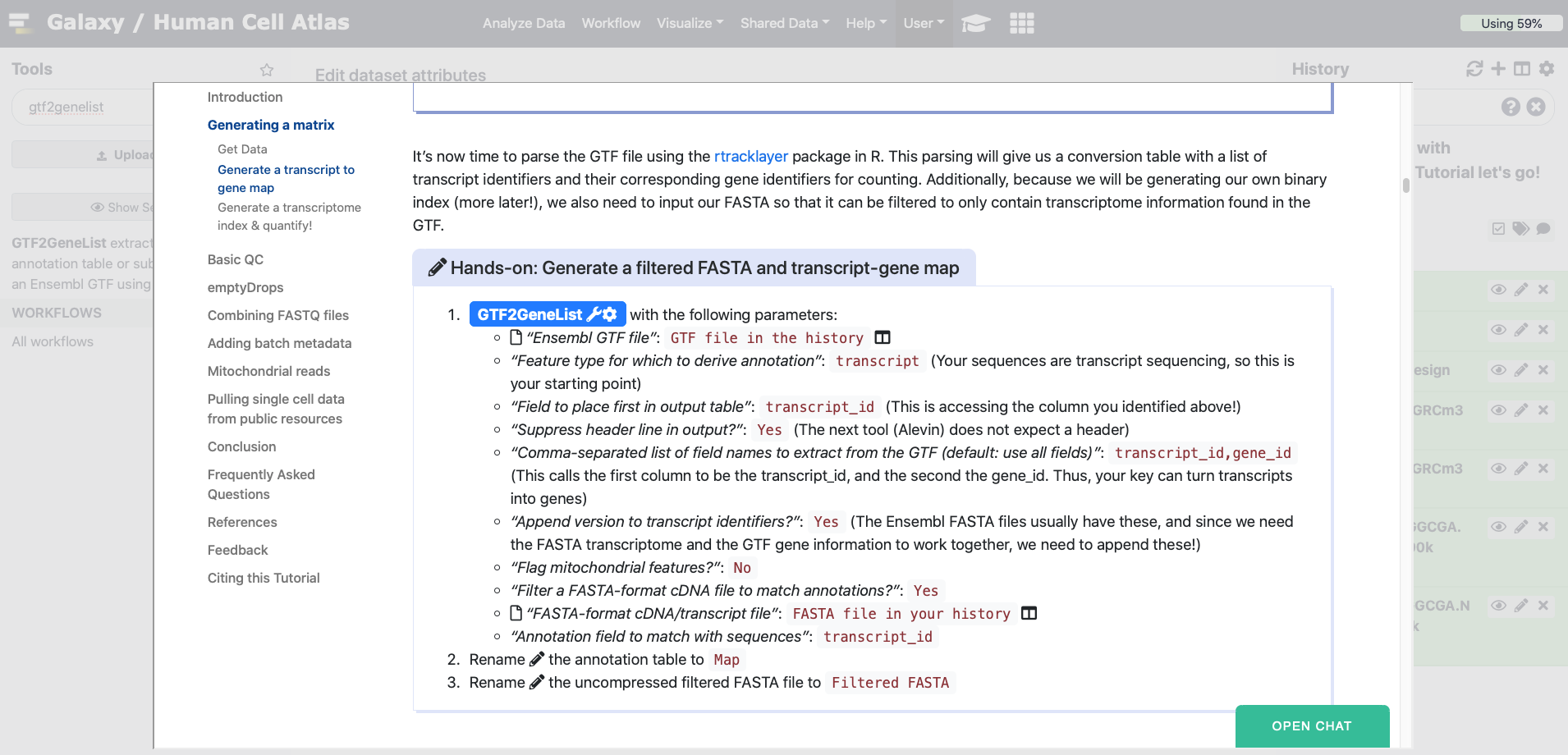 Accessing tools in the tutorial option within Galaxy. 